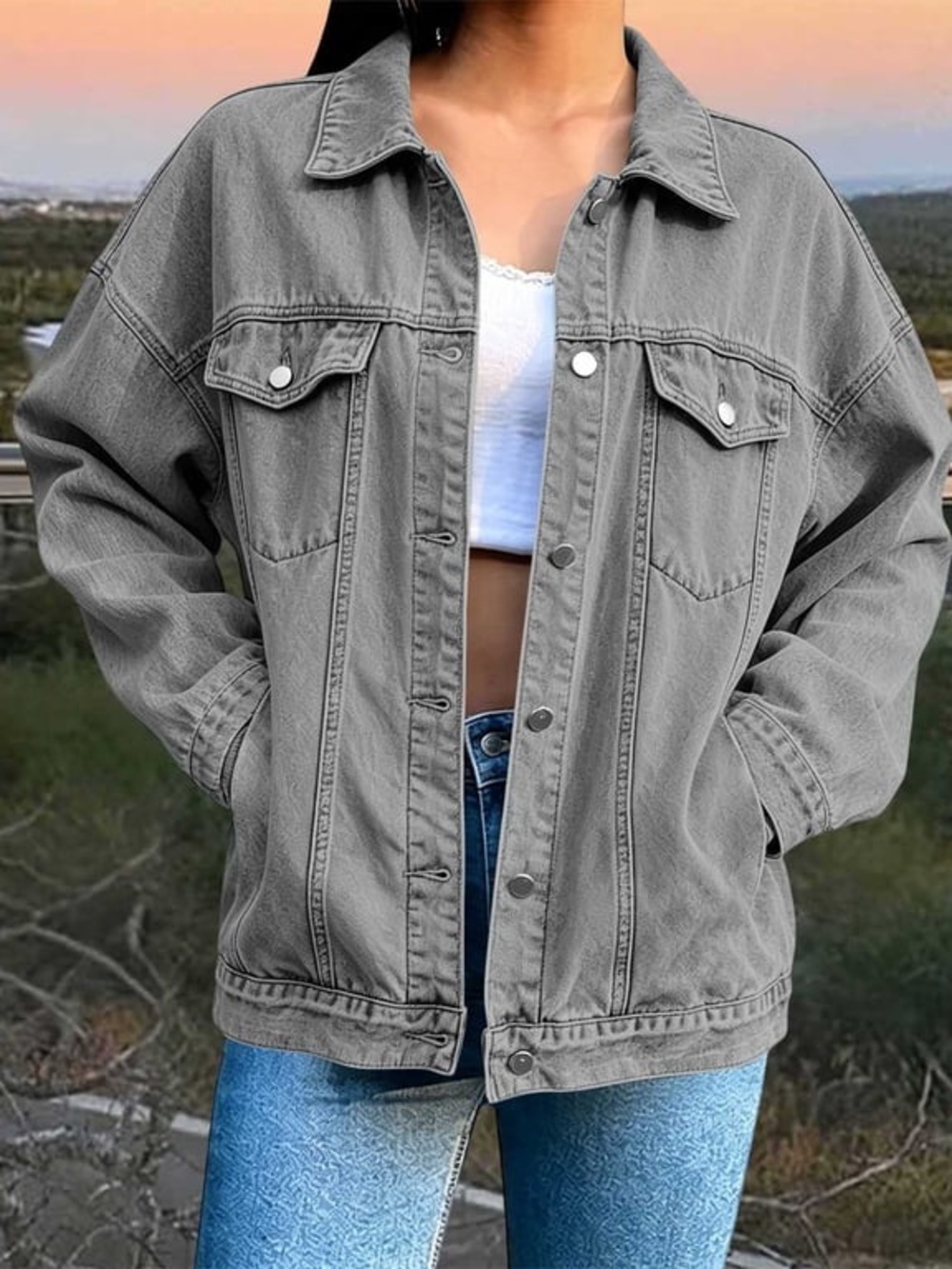 Wrangler Gray Oversized Denim Jacket with Chest Pockets Large Tall